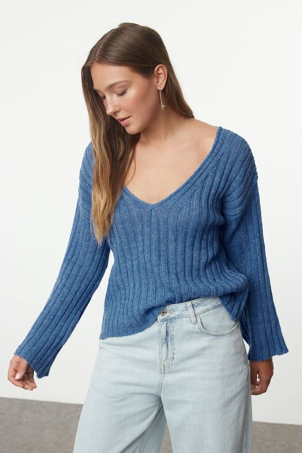 Trendyol Trendyol Dark Blue Wool Wide Fit Crop Basic Knitwear Sweater