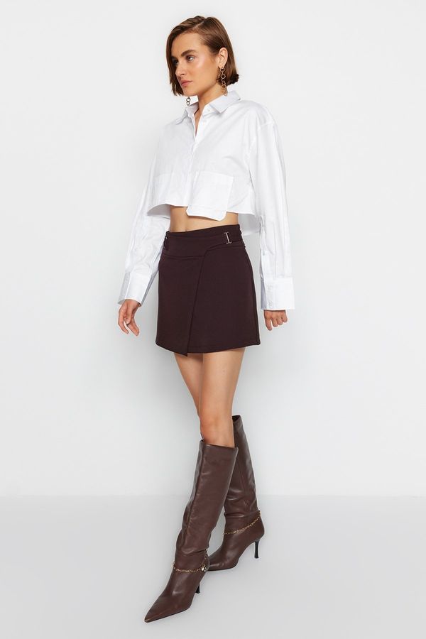 Trendyol Trendyol Dark Brown Belted High Waist Mini Weave Mini Skirt