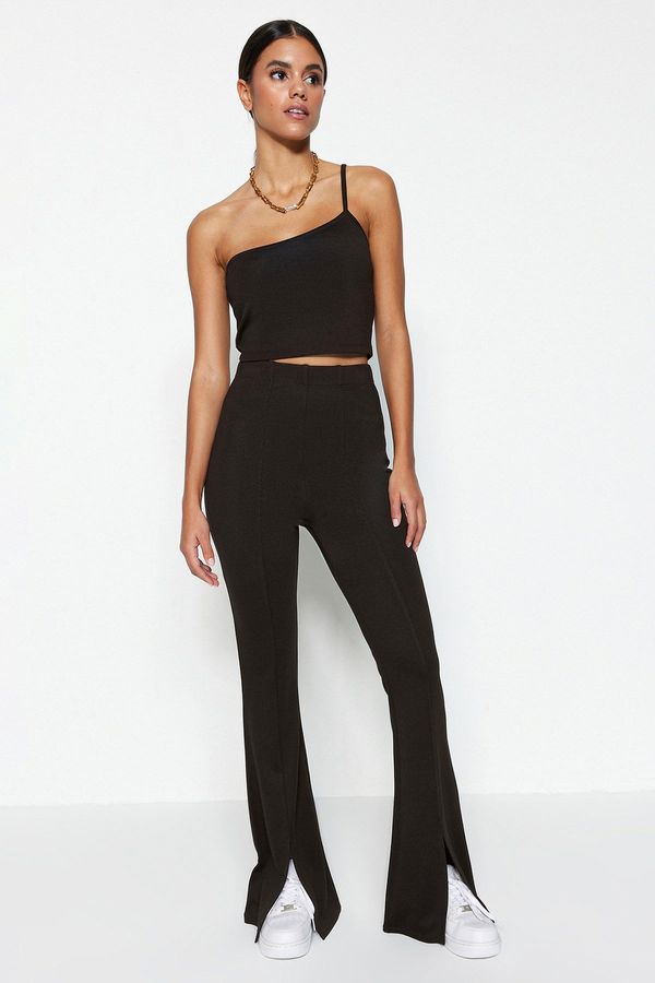 Trendyol Trendyol Dark Brown One-Shoulder Crop and Hem with a Slit Flare Knitted Top and Bottom Set