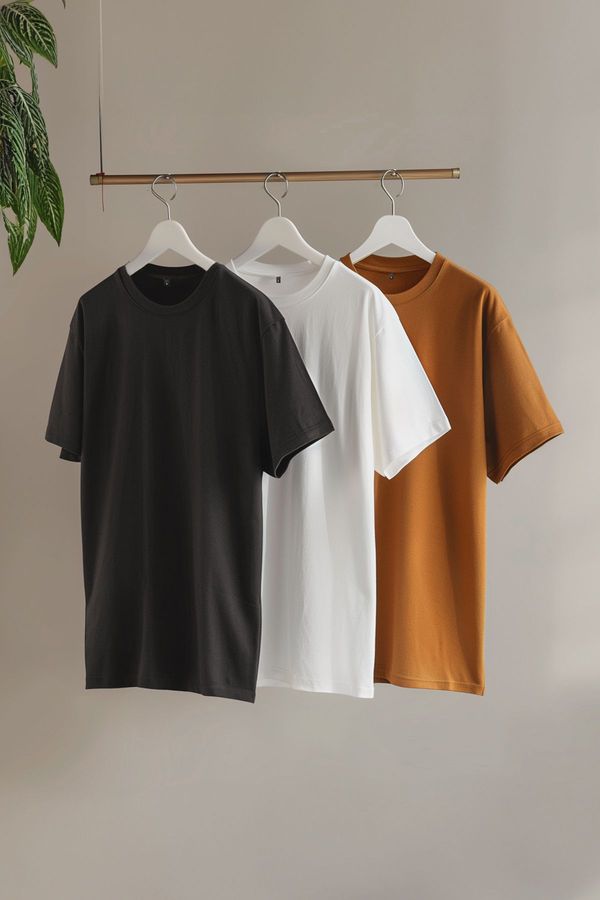 Trendyol Trendyol Dark Brown-Orange-Ecru Basic Slim/Slim Cut 100% Cotton 3-Pack T-Shirt