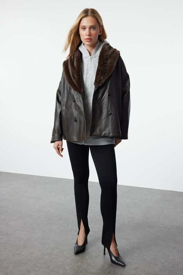 Trendyol Trendyol Dark Brown Oversize Faux Leather Coat with Fur Detail on Collar