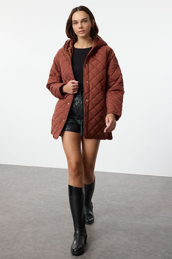 Trendyol Trendyol Dark Brown Oversize Pattern Hooded Water Repellent Quilted Coat