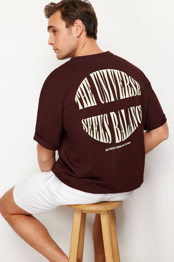 Trendyol Trendyol Dark Brown Oversize Raised Text Printed 100% Cotton T-Shirt