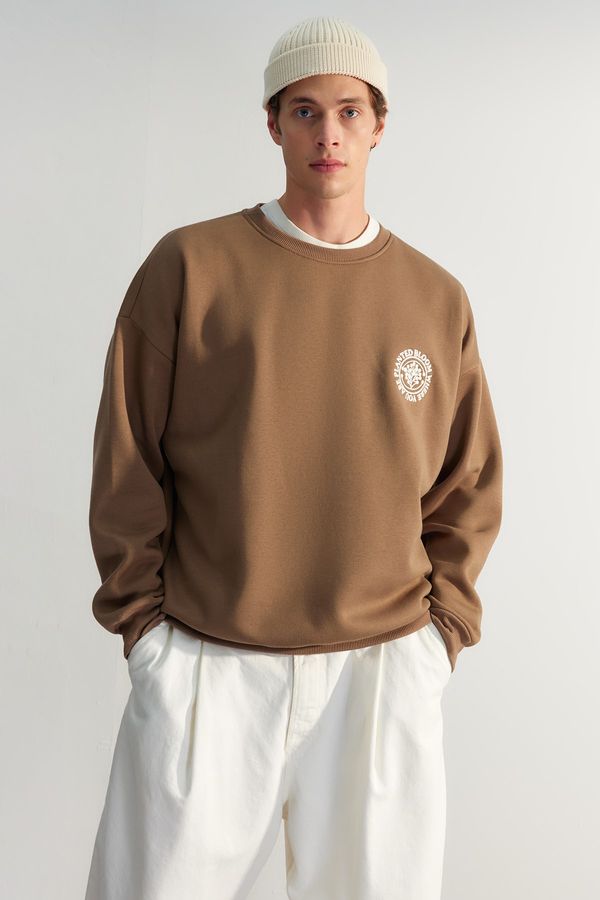 Trendyol Trendyol Dark Brown Oversize/Wide Cut Floral Embroidered Cotton Sweatshirt with Fleece Inside