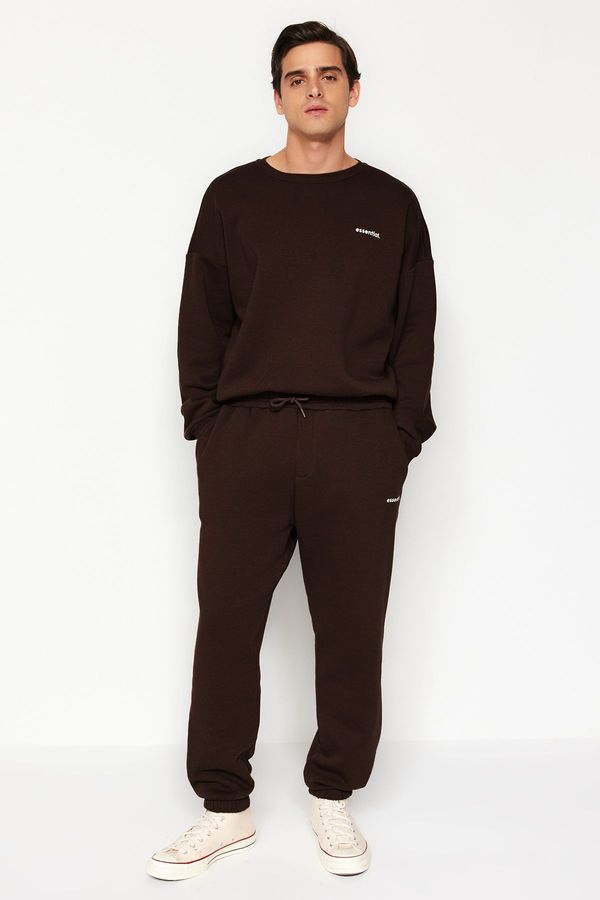 Trendyol Trendyol Dark Brown Oversize/Wide Cut Text Print Warm Sweatshirt Tracksuit
