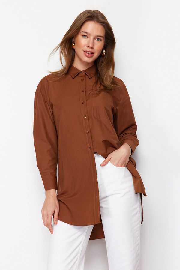 Trendyol Trendyol Dark Brown Pocket and Slit Detail Woven Shirt
