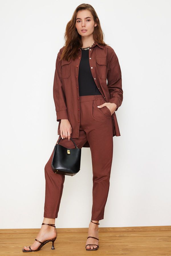 Trendyol Trendyol Dark Brown Pocket Detailed Snap Closure Shirt-Pants Woven Suit