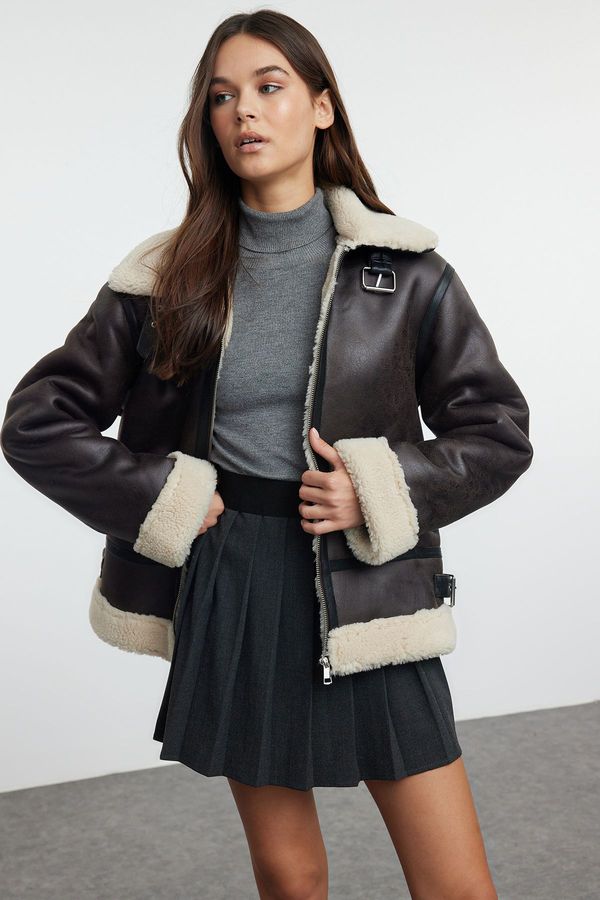 Trendyol Trendyol Dark Brown Regular Collar Belt Detailed Plush Faux Leather Biker Jacket Coat