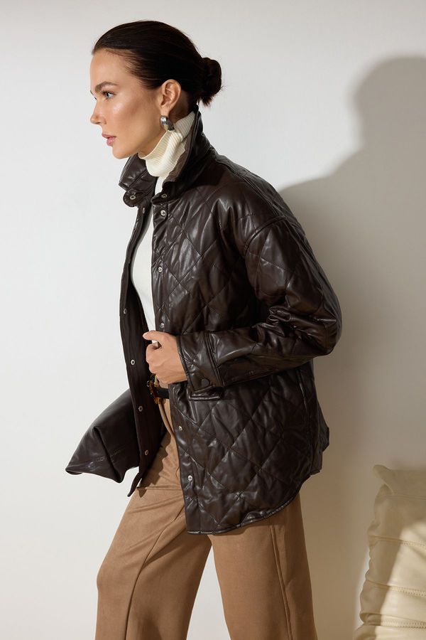 Trendyol Trendyol Dark Brown Regular Fit Faux Leather Shacket Quilted Jacket Coat