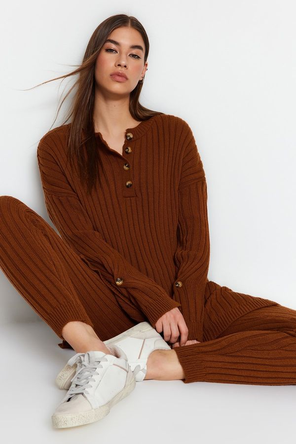 Trendyol Trendyol Dark Brown Ribbed Trousers Knitwear Two Piece Set