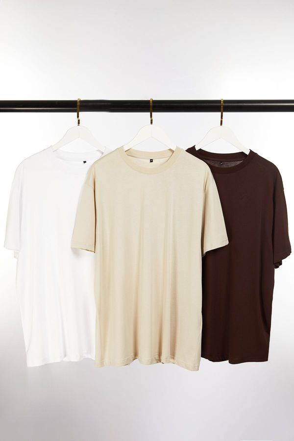 Trendyol Trendyol Dark Brown-Stone-White Plus Size 3 Pack Regular/Normal Cut Basic 100% Cotton T-Shirt