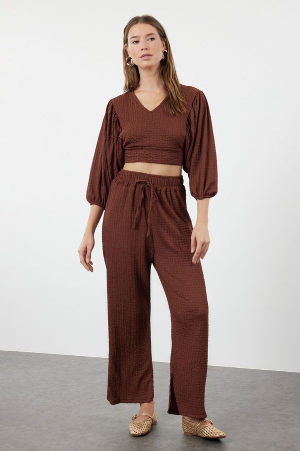 Trendyol Trendyol Dark Brown Textured Fabric Relaxed Flexible Blouse Trousers Knitted Bottom-Top Set