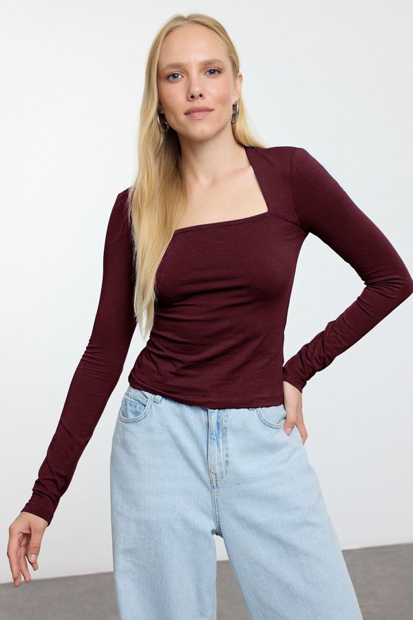 Trendyol Trendyol Dark Burgundy Cotton Elastic Square Neck Fitted/Fits Body Flexible Blouse