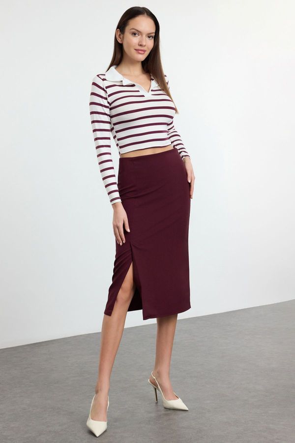 Trendyol Trendyol Dark Burgundy Slit Detailed Ederli Fabric Midi Length Woven Skirt