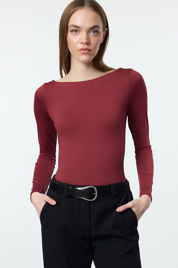 Trendyol Trendyol Dark Cherry Fitted Long Sleeve Bateau Neck Stretchy Snap Fastener Knitted Bodysuit