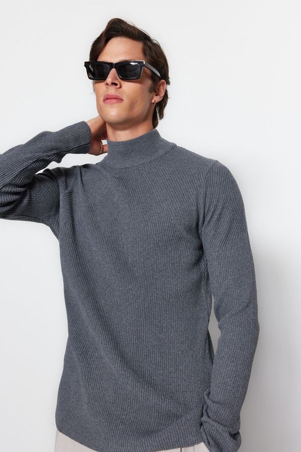 Trendyol Trendyol Dark Gray Fitted Slim Fit Half Turtleneck Corduroy Knitwear Sweater