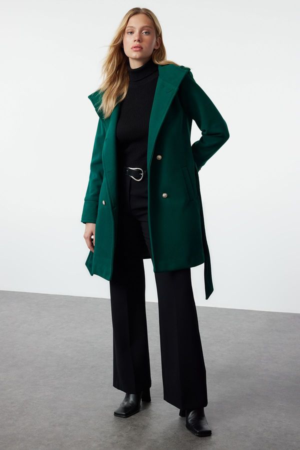 Trendyol Trendyol Dark Green Belted Gold Button Detailed Soft Textured Cashmere Coat