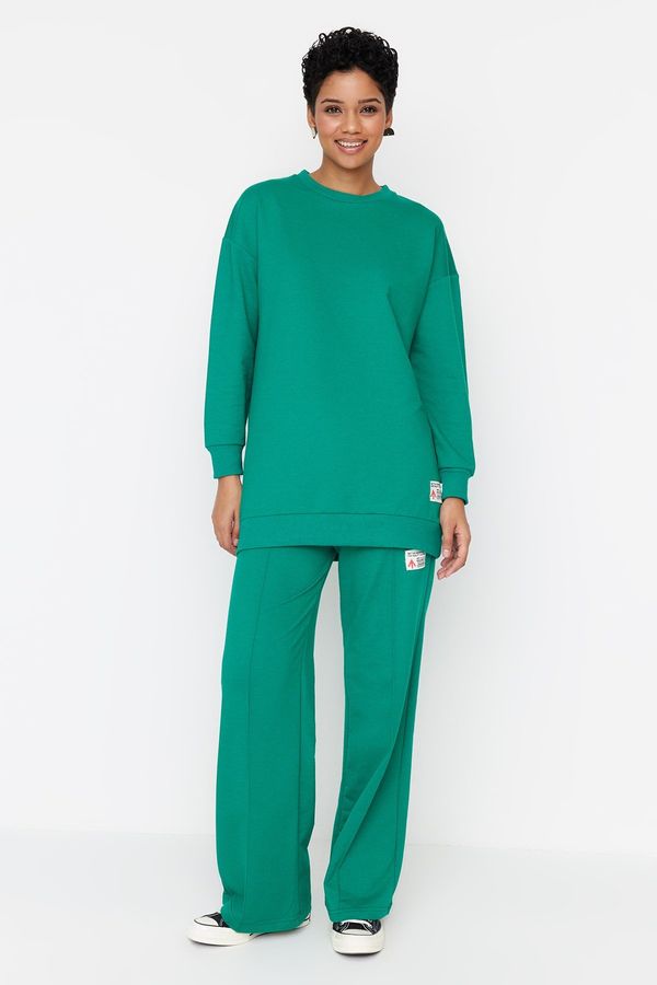 Trendyol Trendyol Dark Green Crew Neck Knitted Tracksuit Set with Ornamental Label