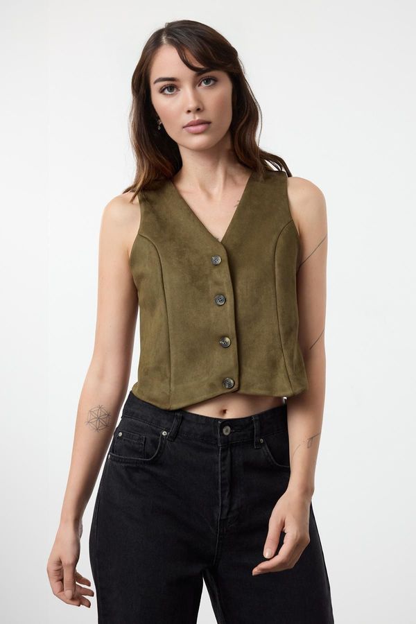 Trendyol Trendyol Dark Green Fitted Buttoned Suede Woven Vest