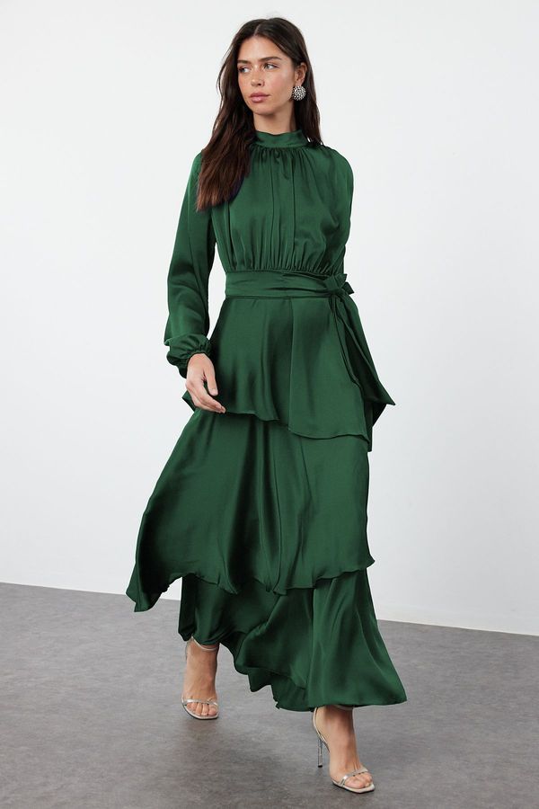 Trendyol Trendyol Dark Green Skirt Tiered Satin Woven Evening Dress/Evening Dress