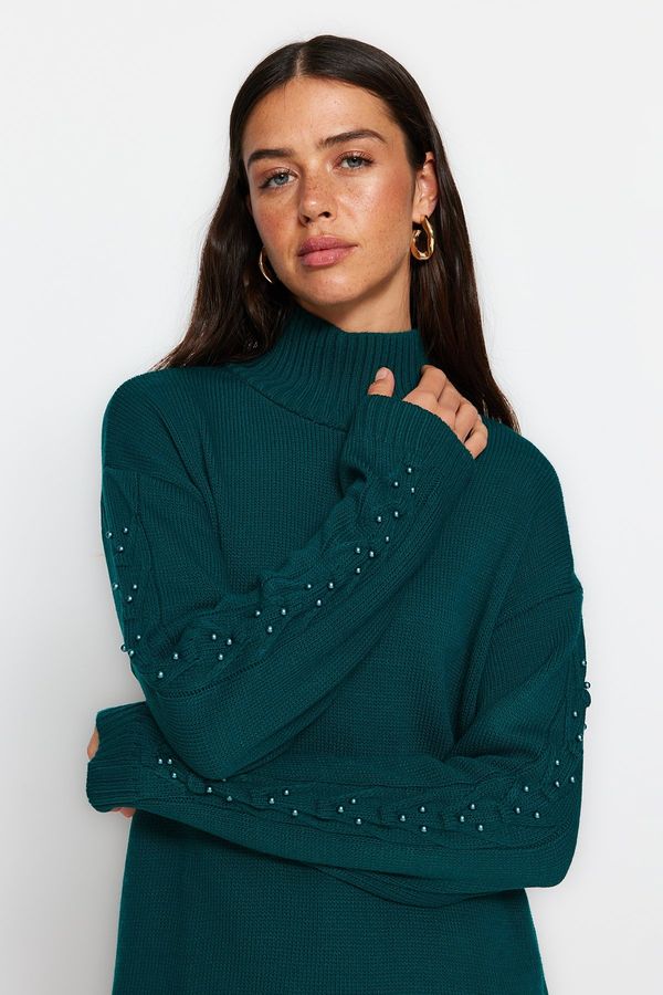 Trendyol Trendyol Dark Green Sleeve Pearl Detailed Knitwear Sweater