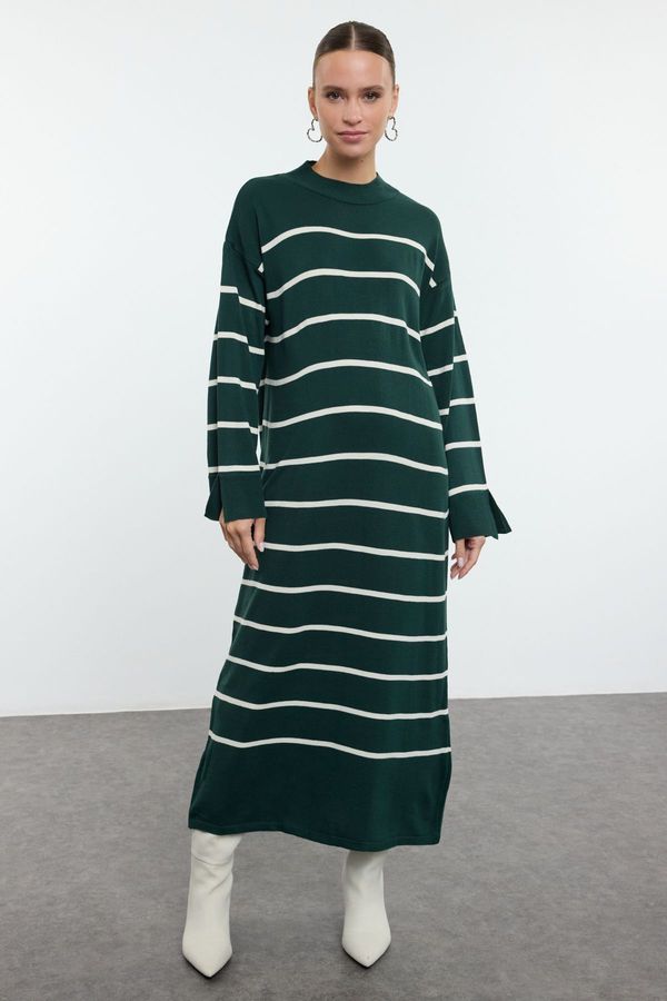 Trendyol Trendyol Dark Green Striped Sleeve Slit Detailed Knit Dress