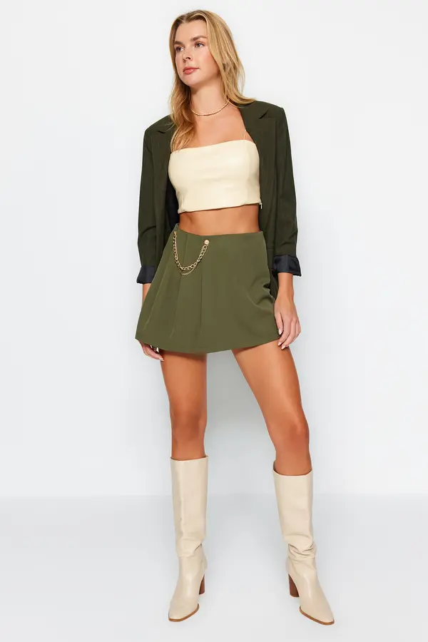 Trendyol Trendyol Dark Khaki Chain and Pleat Detailed Woven Shorts Skirt