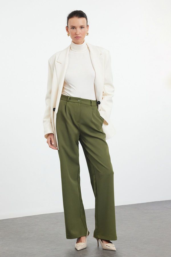 Trendyol Trendyol Dark Khaki High Waist Wide Leg/Wide Leg Pleated Woven Trousers