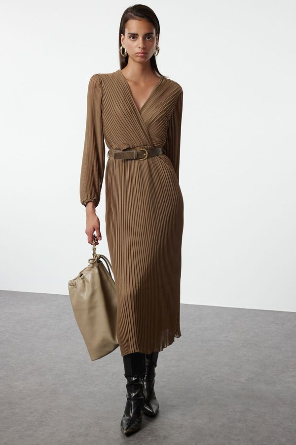 Trendyol Trendyol Dark Mink Belted A-Line Pleated Maxi Lined Chiffon Woven Dress