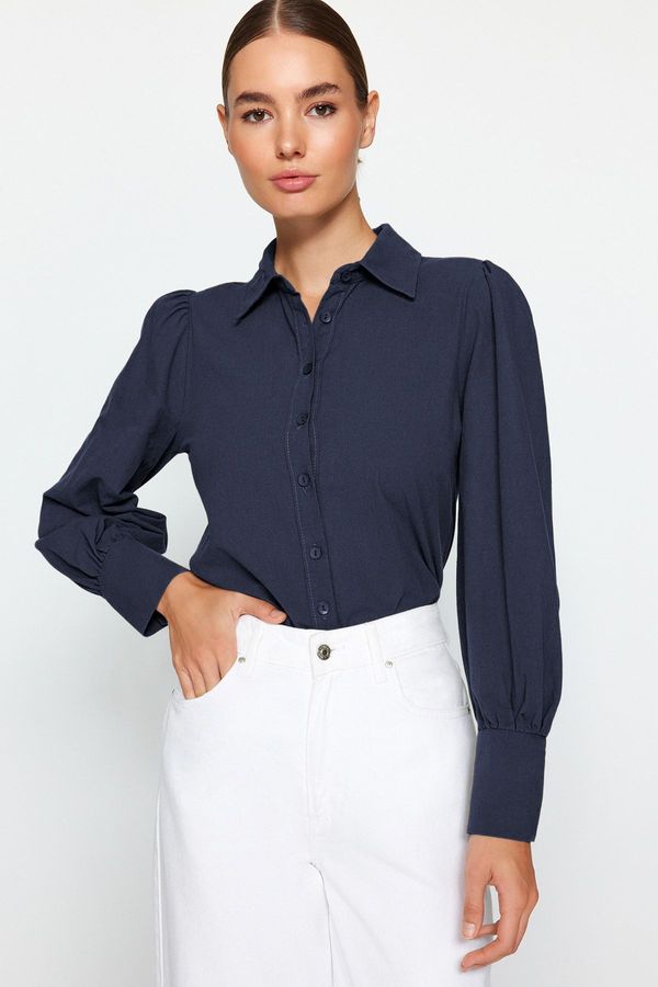 Trendyol Trendyol Dark Navy Blue Balloon Sleeve Cotton Woven Shirt