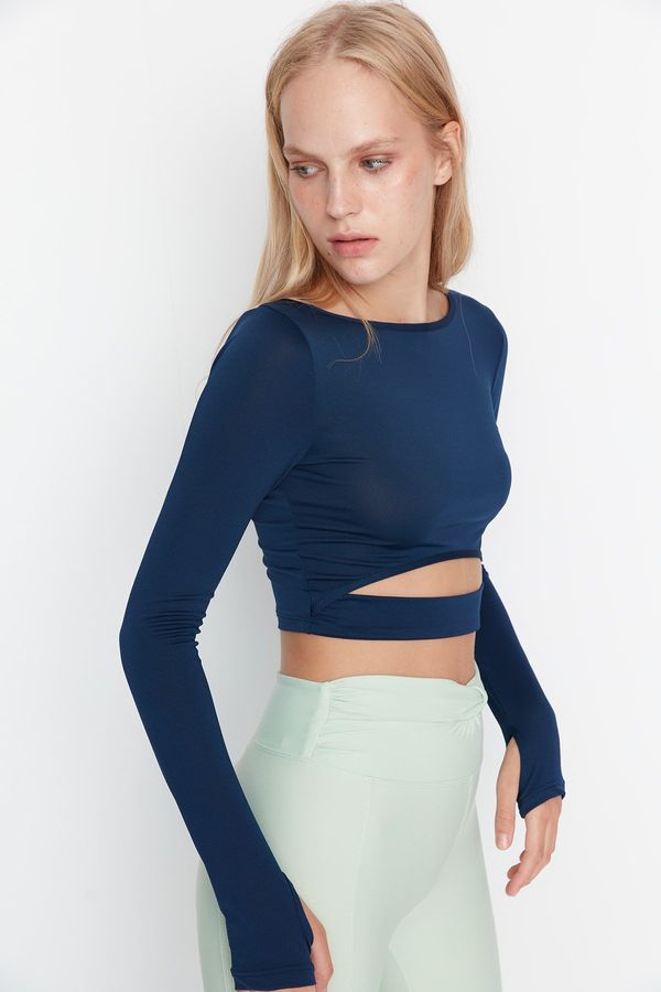 Trendyol Trendyol Dark Navy Blue Crop Window/Cut Out and Thumb Hole Detail Knitted Sports Top/Blouse