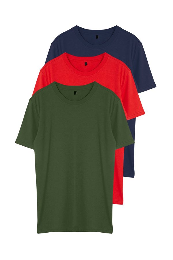 Trendyol Trendyol Dark Navy Blue-Khaki-Red Basic Slim/Slim Fit 100% Cotton 3 Pack T-Shirt