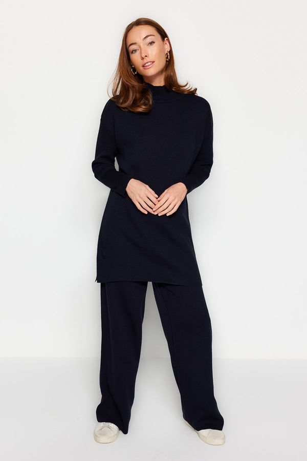 Trendyol Trendyol Dark Navy Blue Slit Wide Leg Knitwear Two Piece Set