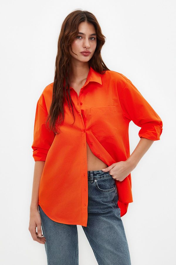 Trendyol Trendyol Dark Orange Single Pocket Boyfriend Woven Cotton Shirt