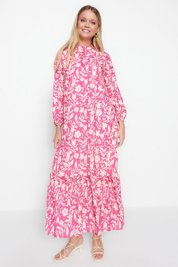 Trendyol Trendyol Dark Pink Floral Half Patties With Frill Trim Lined Woven Dress
