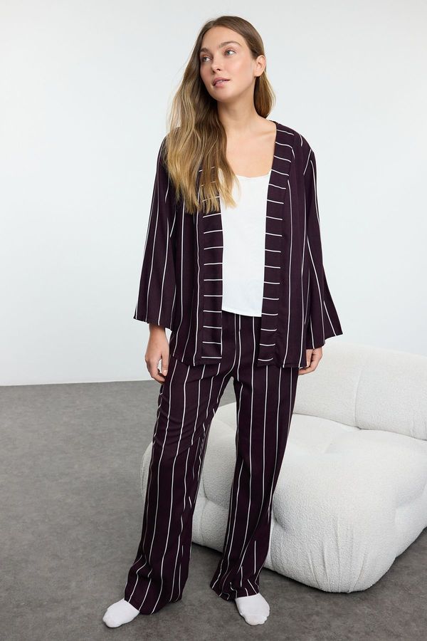 Trendyol Trendyol Dark Plum 3-Pack Striped Rope Strap Viscose Woven Pajamas Set