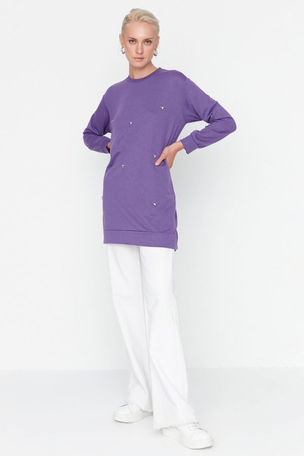 Trendyol Trendyol Dark Purple Crew Neck Stone Detailed Knitted Tunic