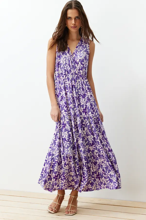 Trendyol Trendyol Dark Purple Floral A-line V-Neck Sleeveless A-Line Polyester Camisole Maxi Dress