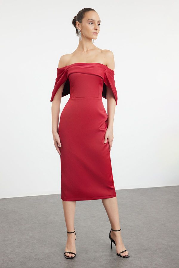 Trendyol Trendyol Dark Red Fitted Carmen Neckline Satin Woven Dress