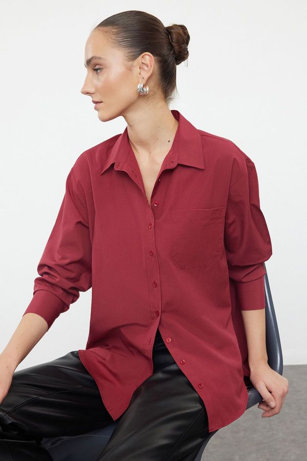 Trendyol Trendyol Dark Red Single Pocket Boyfriend/Wide Fit Cotton Woven Shirt