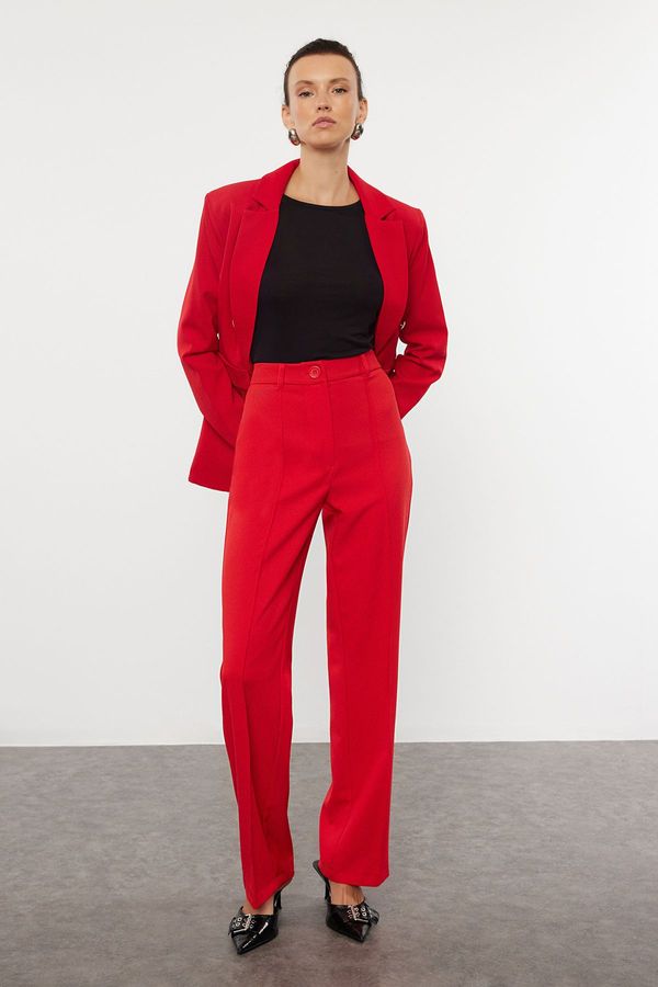 Trendyol Trendyol Dark Red Straight Cut High Waist Ribbed Stitched Woven Trousers