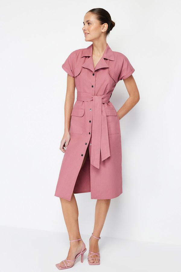 Trendyol Trendyol Dried Rose Belted Pocketed Gabardine Wide Fit Shirt Midi Woven Dress