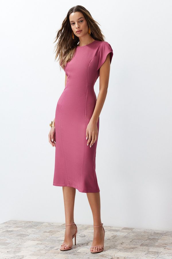 Trendyol Trendyol Dried Rose Body Wrap Low Sleeve Crew Neck Woven Midi Dress