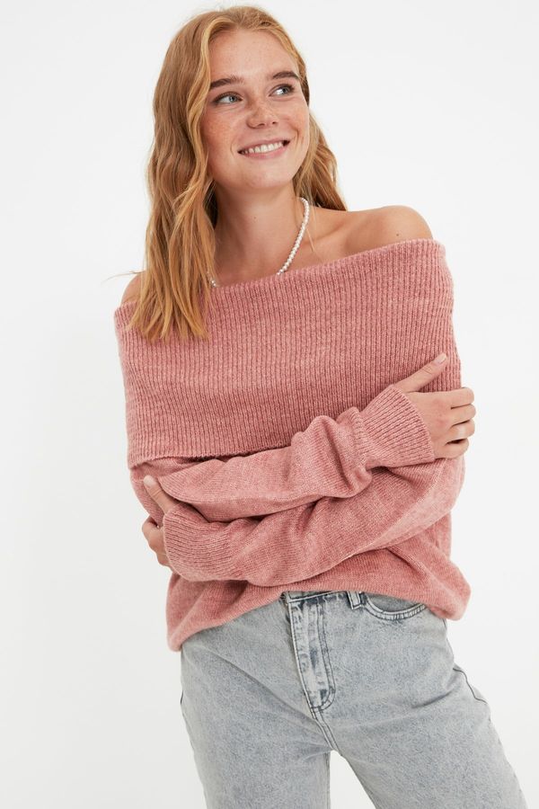 Trendyol Trendyol Dried Rose Soft Textured Carmen Collar Knitwear Sweater
