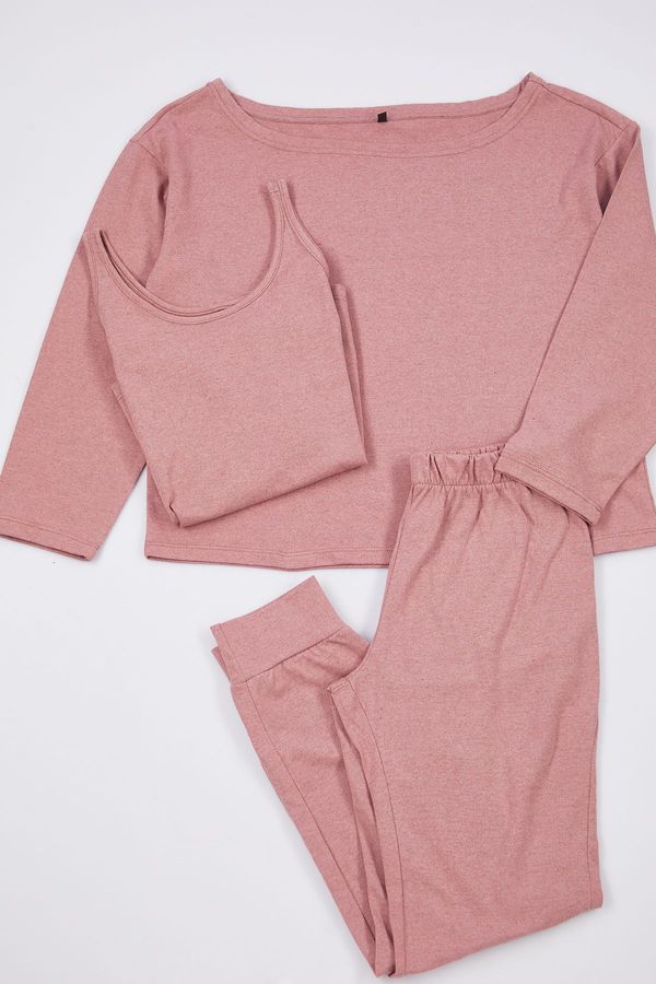 Trendyol Trendyol Dusty Rose 3-Piece Cotton Knitted Pajama Set