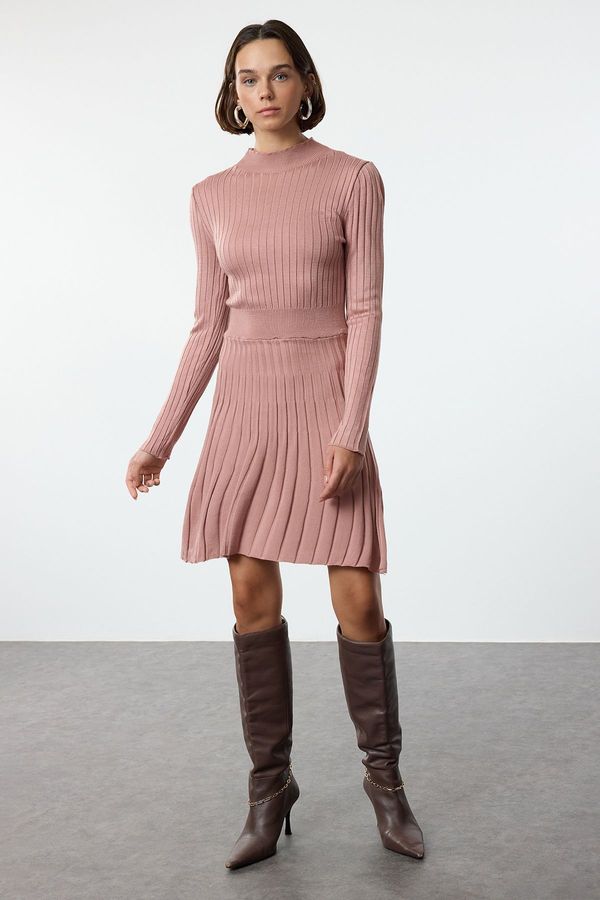 Trendyol Trendyol Dusty Rose Mini Knitwear Frilled Stand Collar Dress