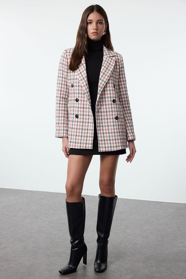 Trendyol Trendyol Dusty Rose Regular Lined Double Breasted Closure Plaid Woven Blazer Jacket