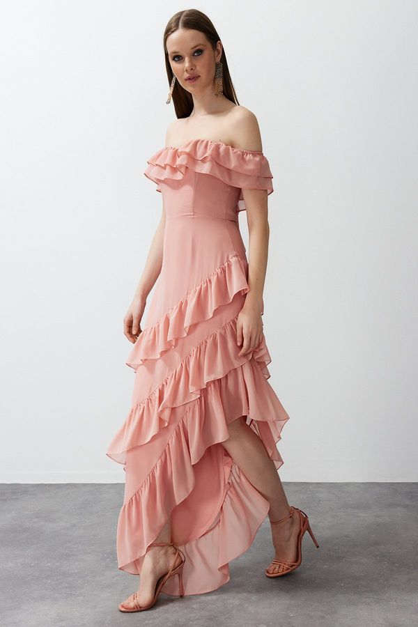 Trendyol Trendyol Dusty Rose Ruffle Woven Chiffon Long Evening Evening Dress