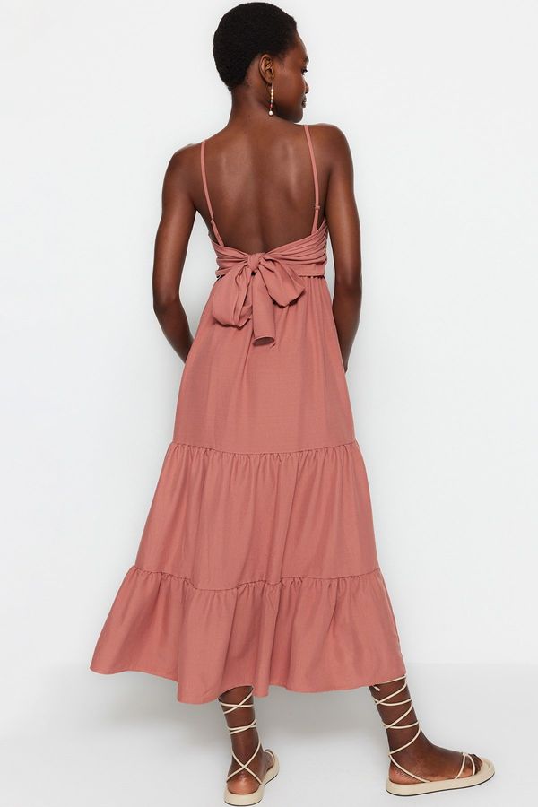 Trendyol Trendyol Dusty Rose Skirt Flounced Back Tie Detail Strap Maxi Woven Dress