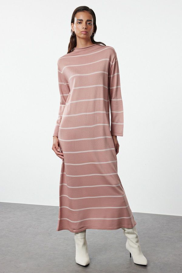 Trendyol Trendyol Dusty Rose Stand Collar Striped Knitted Hijab Dress